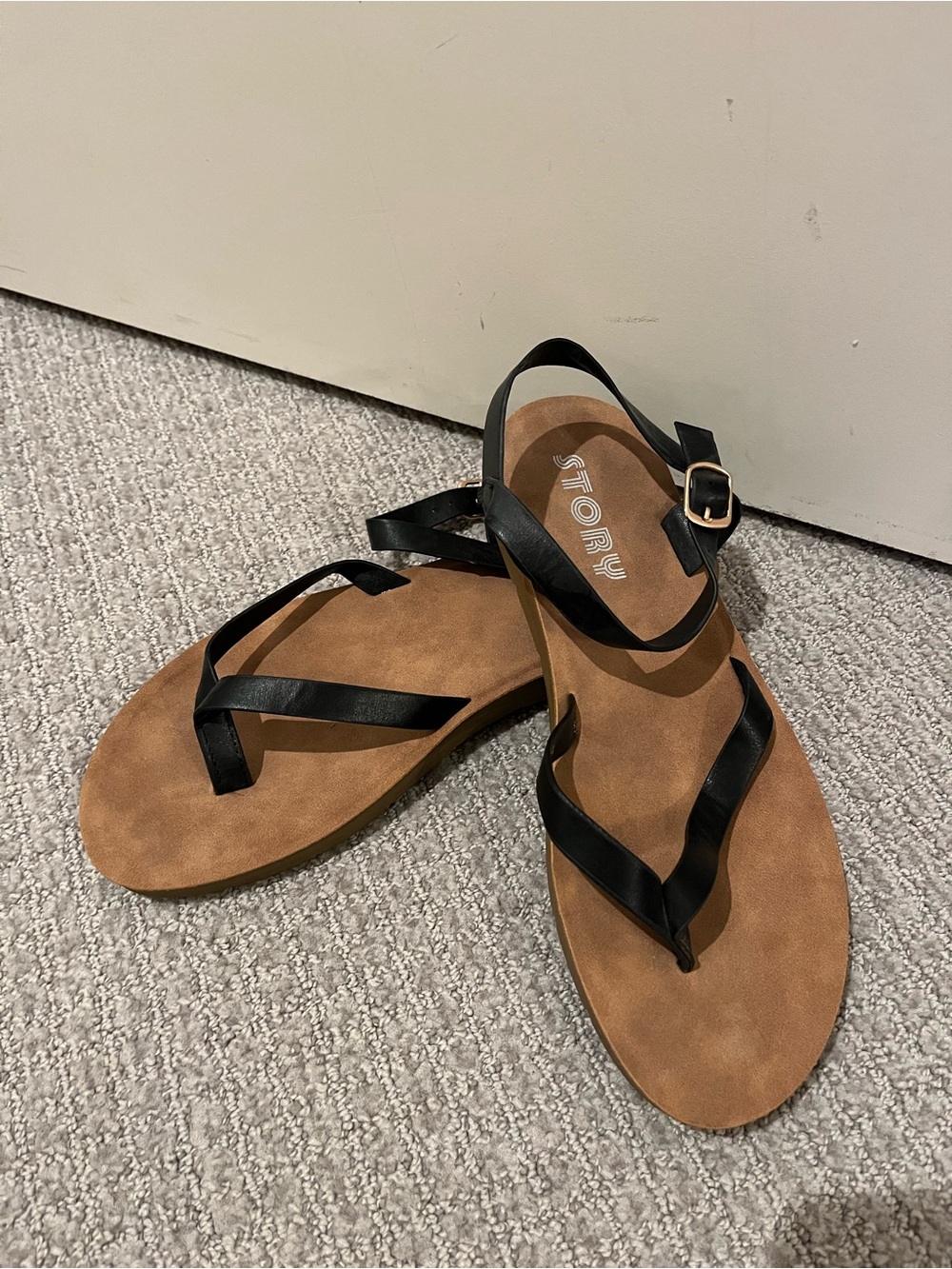 Tory Burch Black Leather Strap Sandals with Brown Footbed
